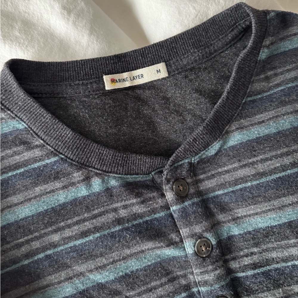 SOLD Marine Layer Men’s Charcoal and Teal Striped Henley